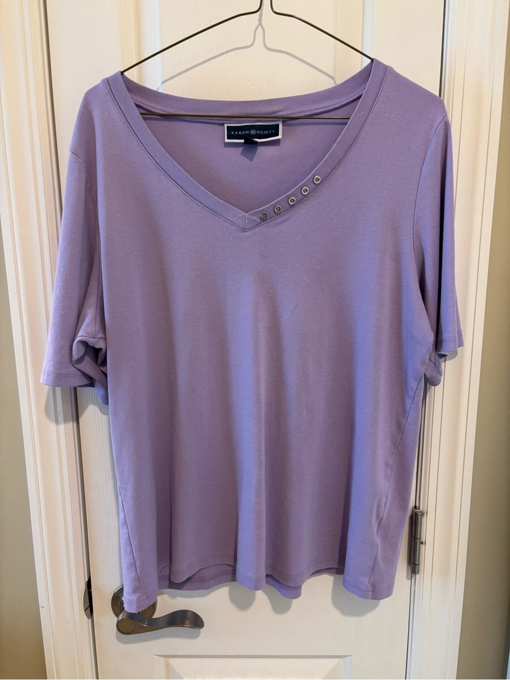 Karen Scott Lavender V-Neck Short Sleeve Top with Snap Detail